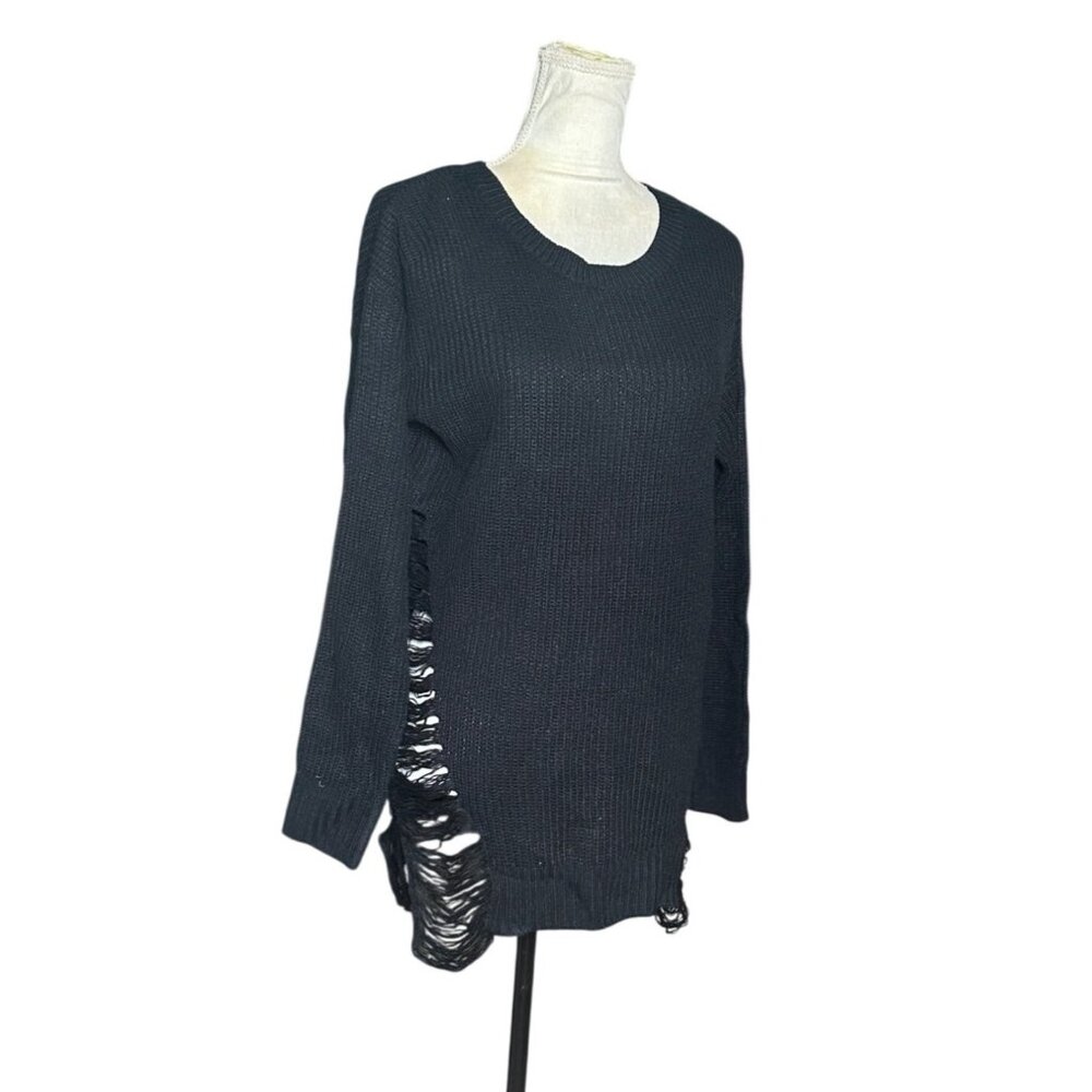 Trendy Threads Black Distressed Knit Sweater Tunic • Shredded Side Detail • L